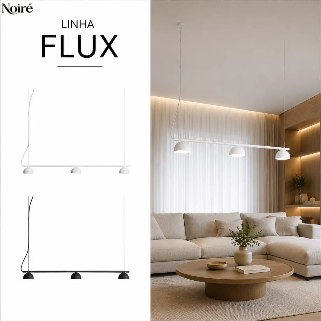 Pendente Linear LED Linha FLUX 21W – Branco ou Preto | 900mm | Cabo Ajustável 3m | Metal | Luz Quente 3200K