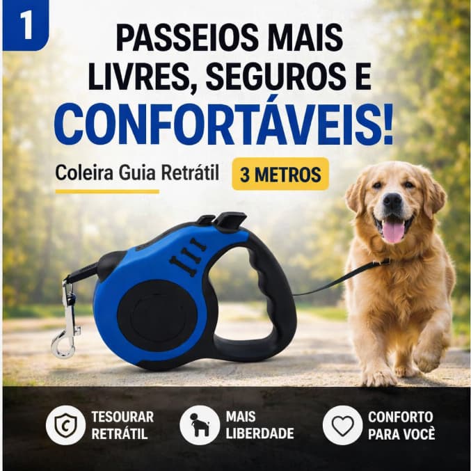 Coleira Retrátil para Cachorro 3m com Trava de Segurança Guia Pet até 10kg Passeio Seguro