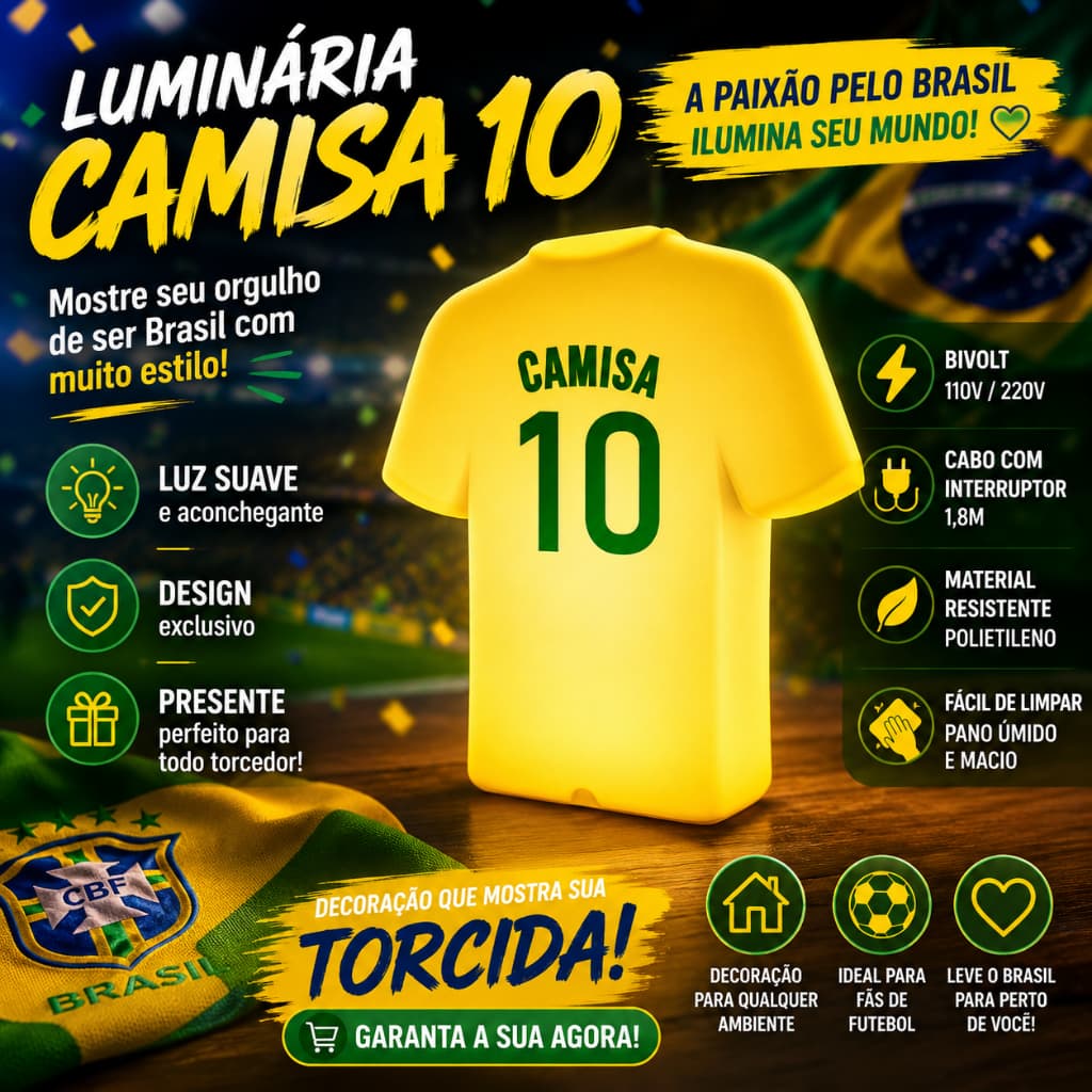 Luminária Camisa 10 Brasil Bivolt LED Decoração Futebol Quarto Sala Presente Torcedor
