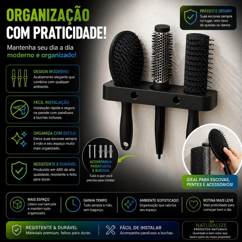 Suporte Organizador para Escovas de Cabelo de Parede | Porta Escovas Autoadesivo para Banheiro e Penteadeira