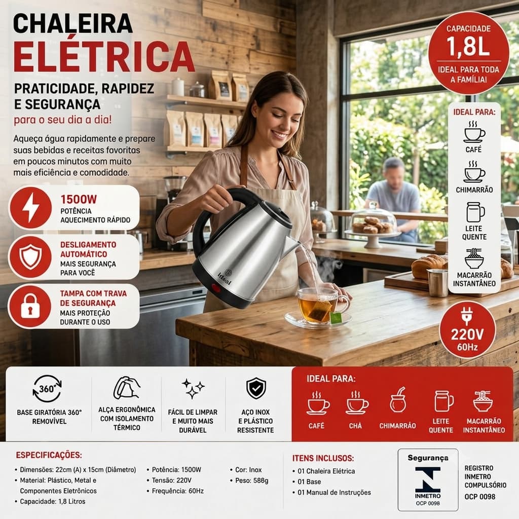 Chaleira Elétrica 1.8Lts 1500W 220V Inox~bule térmico jarra elétrica com tampa