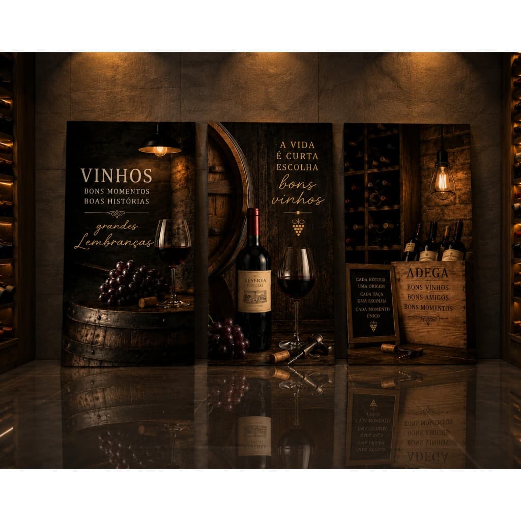 Kit 3 Quadros Vinho Adega Frases Decorativas Espaço Gourmet Sala de Jantar MDF