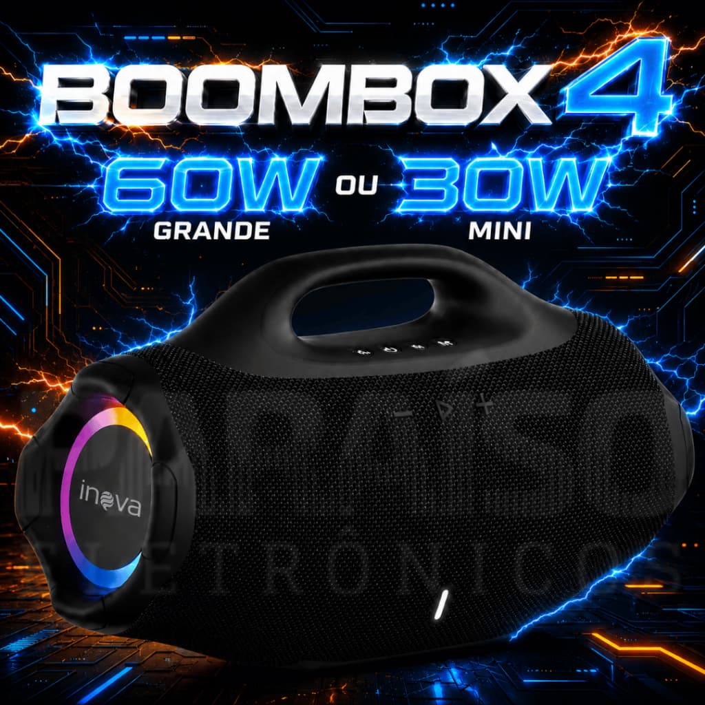 Caixa de Som Boombox 4 Inova 60W / 30W Bluetooth Grave Potente Rádio FM Pen Drive Prova d'Água TWS
