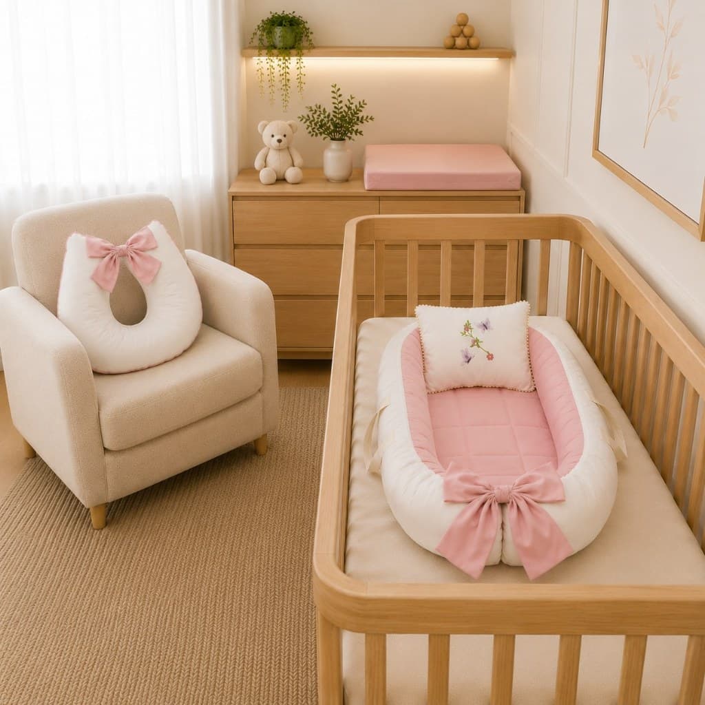 Kit 3 Peças Bordado Floral Ninho Redutor para Bebê Almofada de Amamentar e Trocador Impermeável
