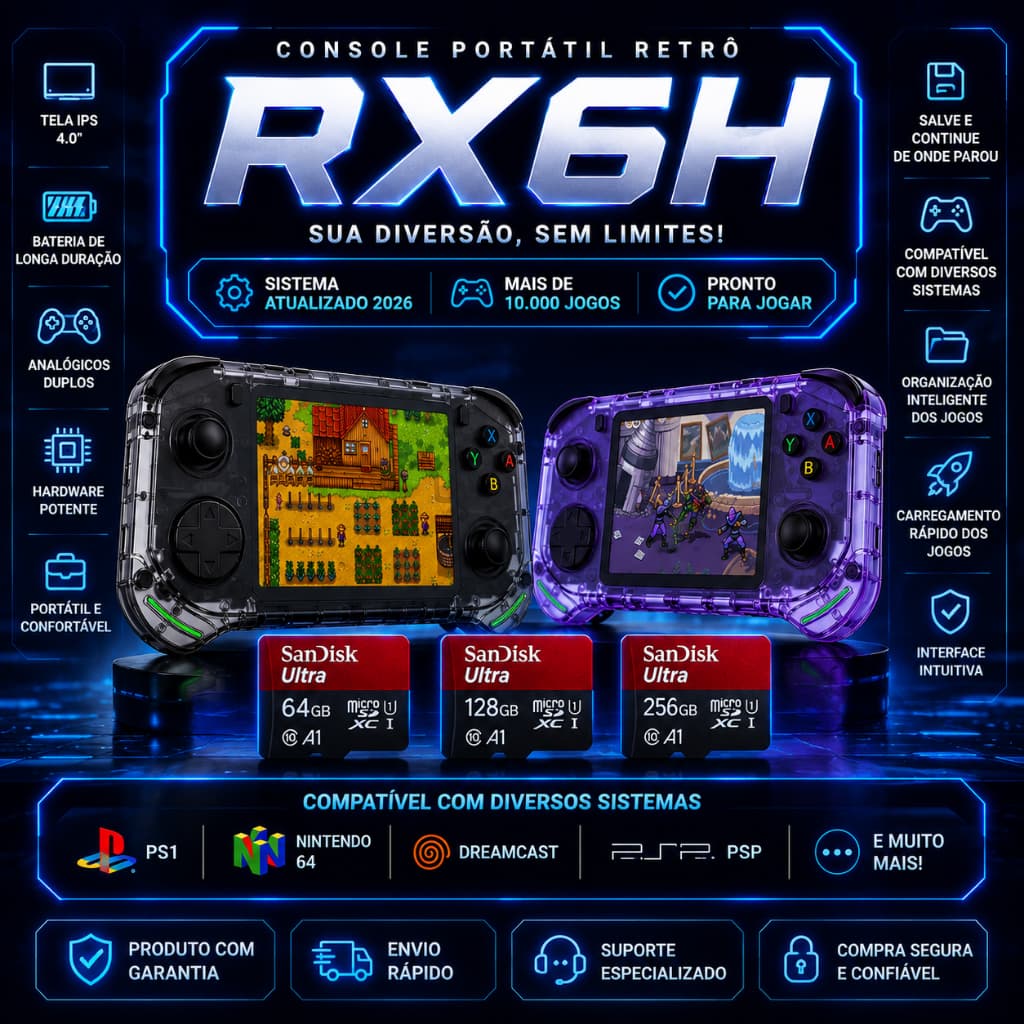CONSOLE PORTÁTIL RX6H PRONTO PARA JOGAR COM CARTÃO SANDISK ORIGINAL
