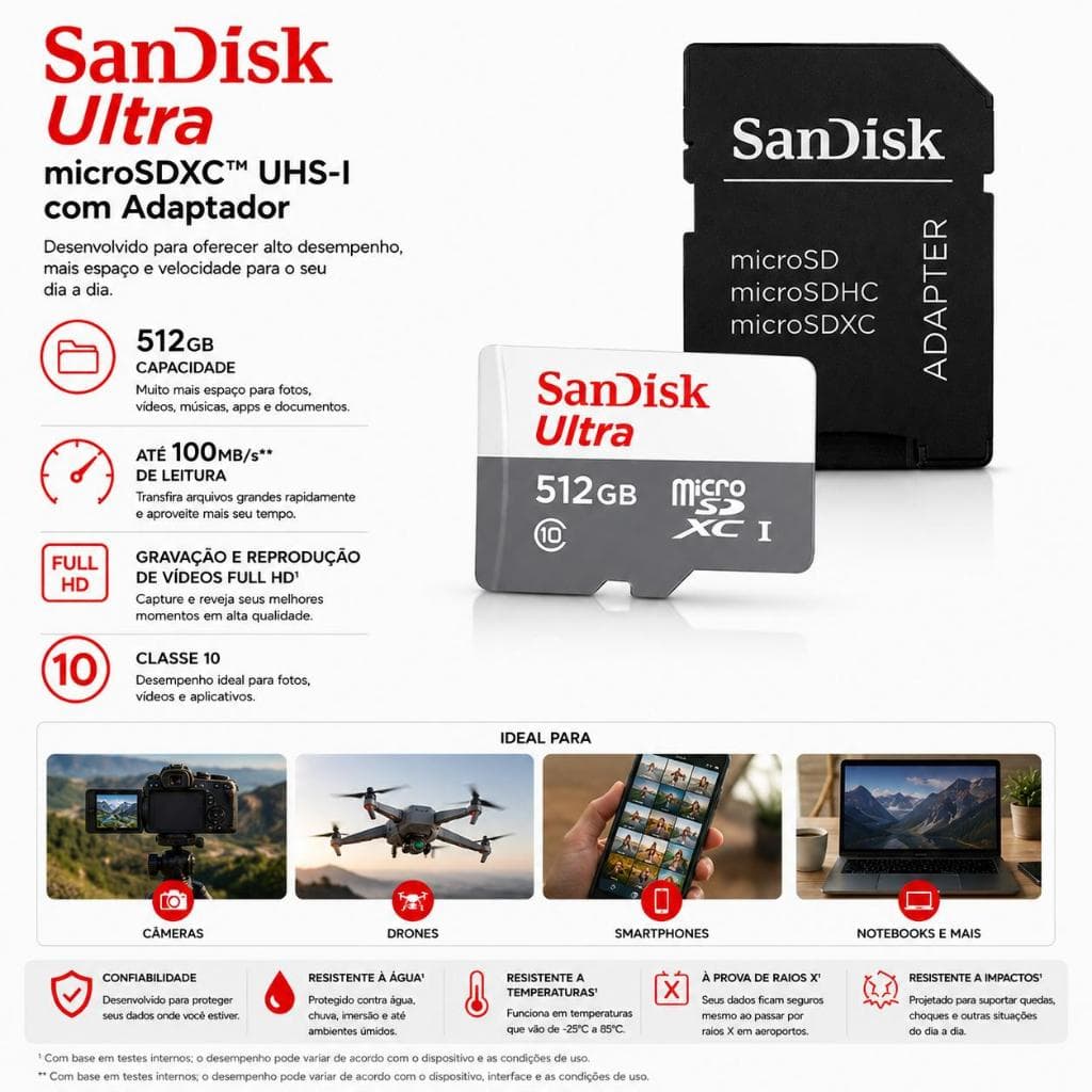 Cartão De Memória Micro SDXC 512GB Classe 10 Com Adaptador 100% Original