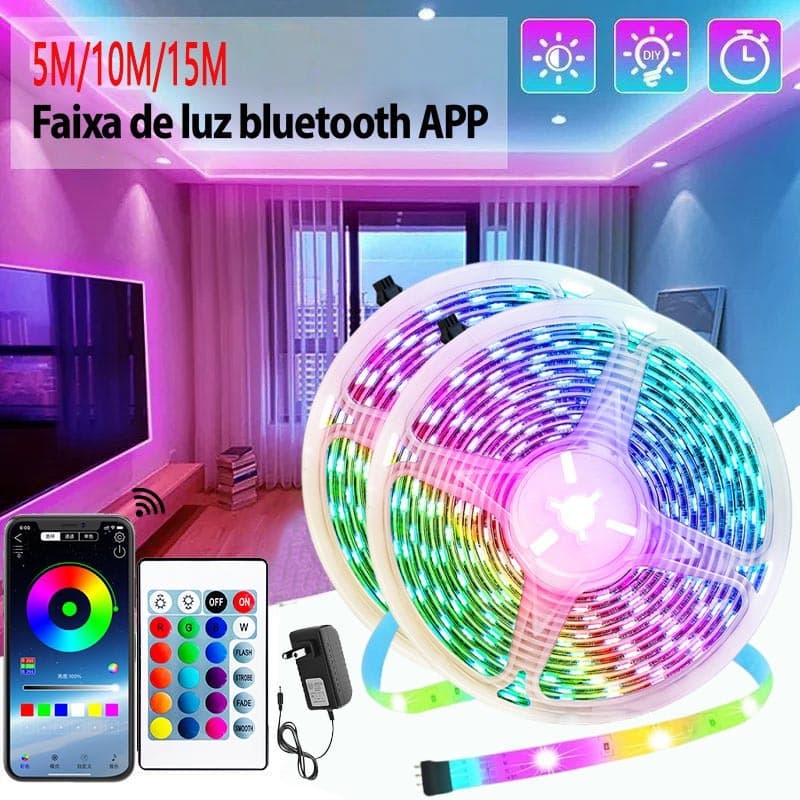 5/10/15 Metros Fita Led RGB 5050 + App Controle E IR Controle + FONTE Decoração Casa Loja Gesso Teto Sanca Vitrine