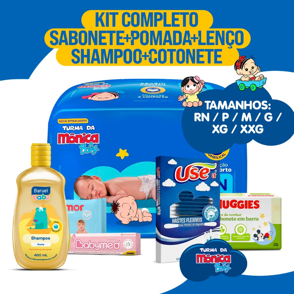 Kit Shampoo Baruel + Fralda Turma da Mônica + Lenço Umedecido + Pomada + Cotonete e Sabonete Baby