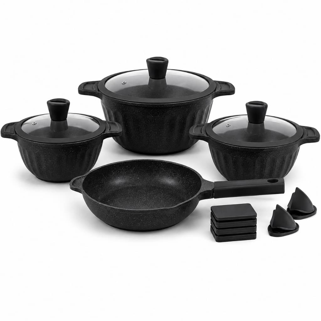 Jogo de Panelas 11 Peças Cerâmica Antiaderente Preto Indução Gás Elétrico Tampa de Vidro Premium Revestimento Cerâmico