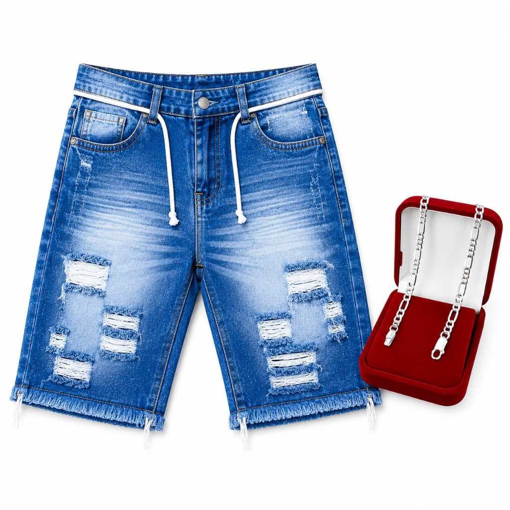 Bermuda Jeans Masculina Destroyed Rasgada Várias Cores + Pulseira Masculina