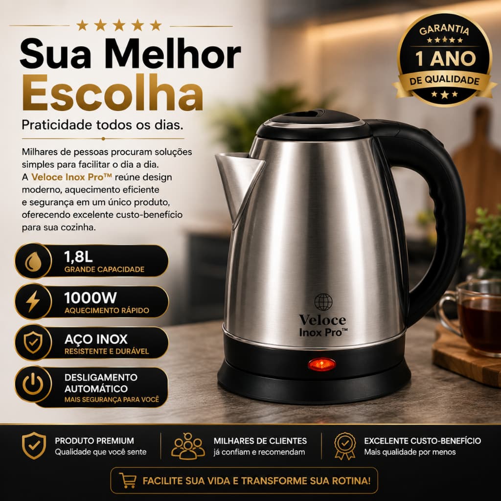 Chaleira Elétrica Inox 1,8 Litros 1000W 127V Aquecimento Rápido Desligamento Automático