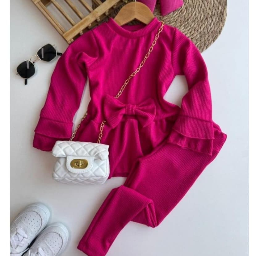 Conjunto Infantil Menina com Laço Blusa e Calça Canelado Serve como Pijama Frio Inverno 4 6 8 10 12