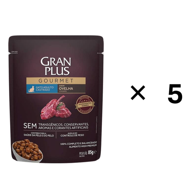 Ração Úmida Gran Plus Gourmet Gatos Castrados Ovelha Sachê 85g - KIT 5