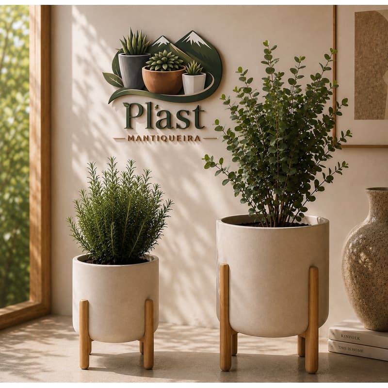 kit 2 vasos de planta nórdico P e M cilindro com o pé de madeira design moderno