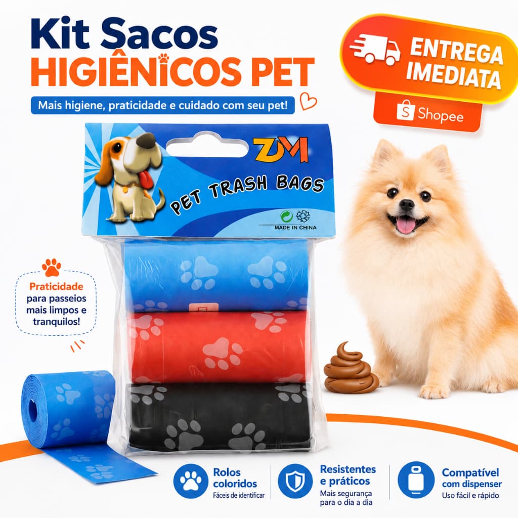 Kit Cata-Caca Pet 3 em 1 com Saquinhos Higiênicos para Cães e Gatos
