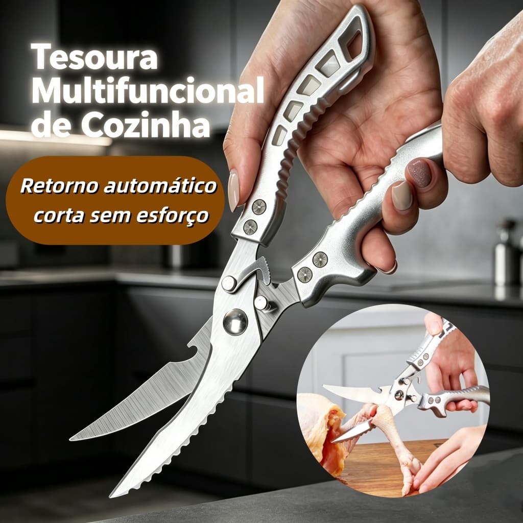 Tesoura Profissional de Cozinha Multifuncional para Carnes Frango Peixes e Legumes Aço Inoxidável Utensílios