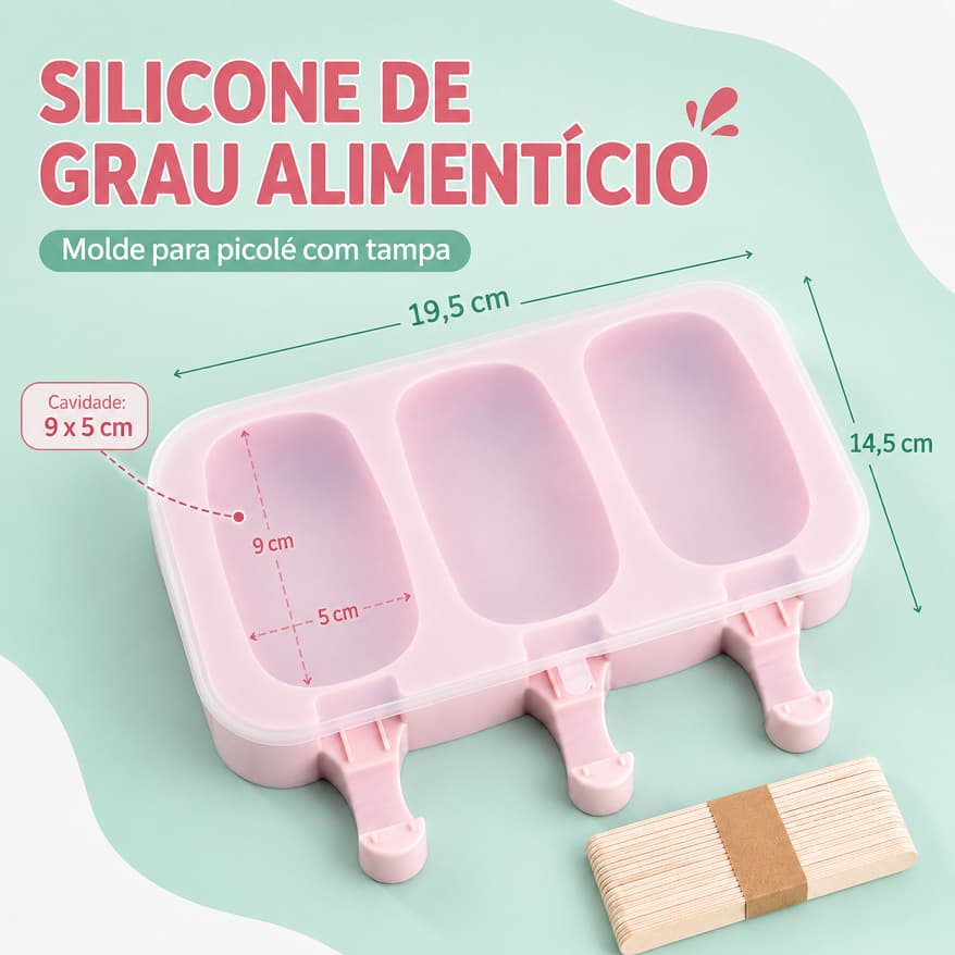 1 Molde para Picolé de Silicone Alimentício com 3 Cavidades e Tampa + 100 Palitos de Madeira
