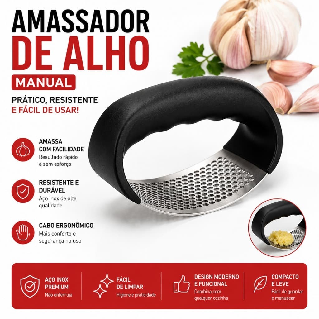 Amassador de Alho Manual em Aço Inox Premium Triturador Espremedor de Alho Ergonômico Utensílio de Cozinha