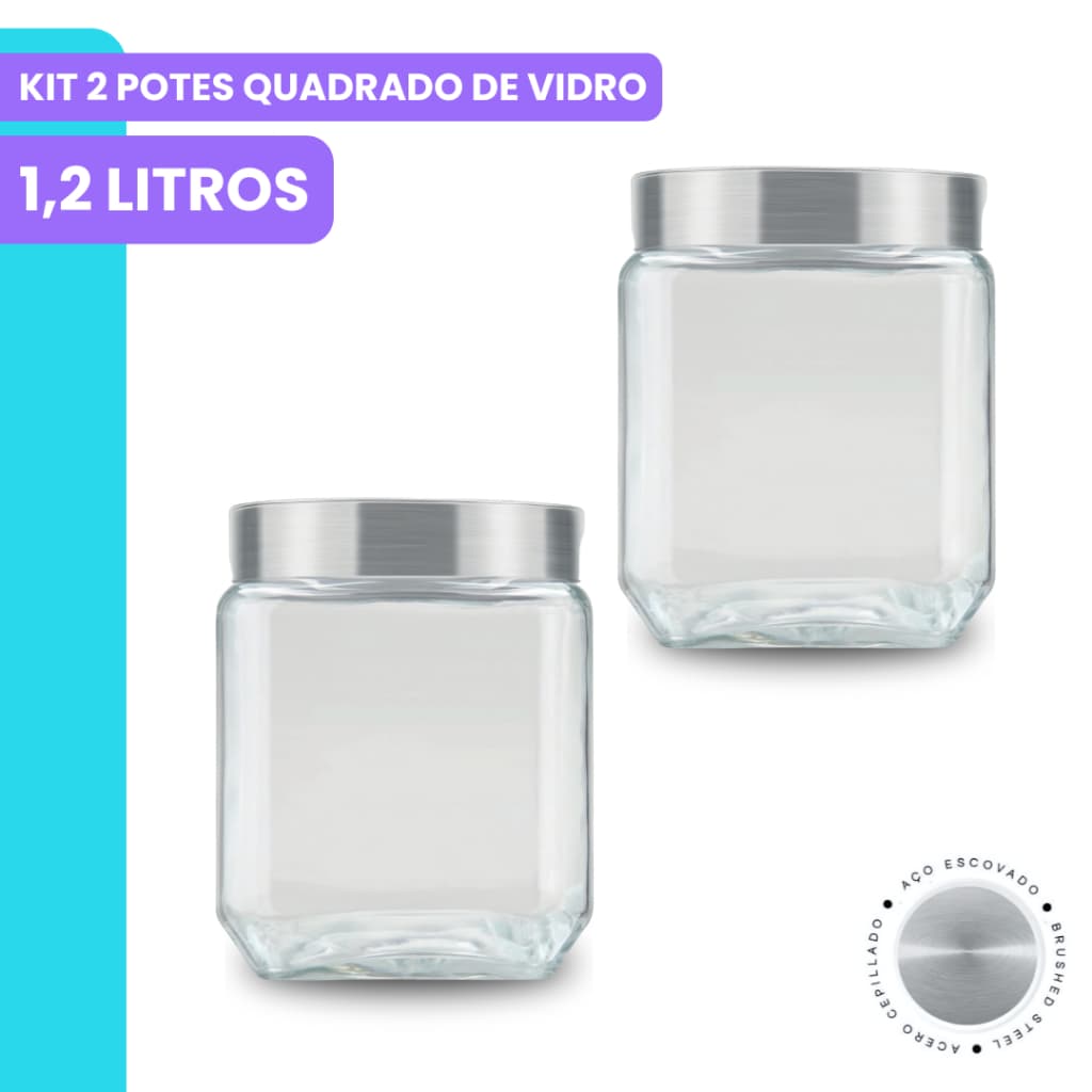 Kit 2 Pote de Vidro 1,2L Quadrado Com Tampa Rosca Inox Resistente