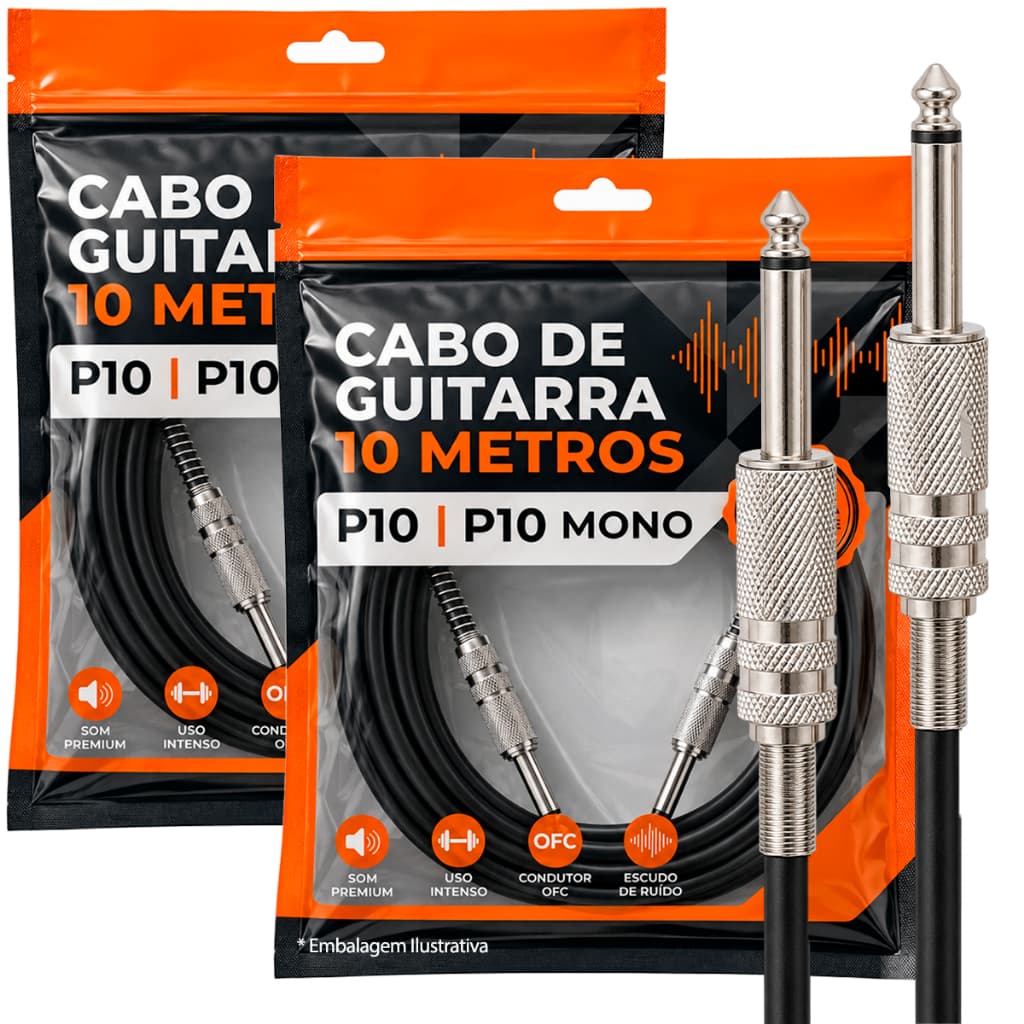 Kit 2 Cabos De Guitarra Violão Baixo Teclado P10 Mono X P10 Mono 10m Metros Profissional