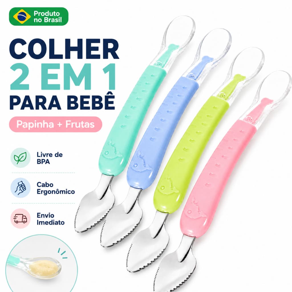 Colher Bebê 2 em 1 Raspa Fruta Silicone Inox Papinha BLW Introdução Alimentar Atóxica Maternidade 6m