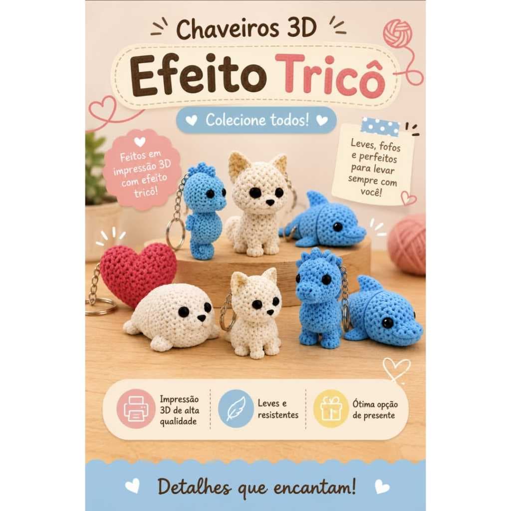 Chaveiros 3D Efeito Tricô – Diversos Modelos | Impressão 3D em PLA