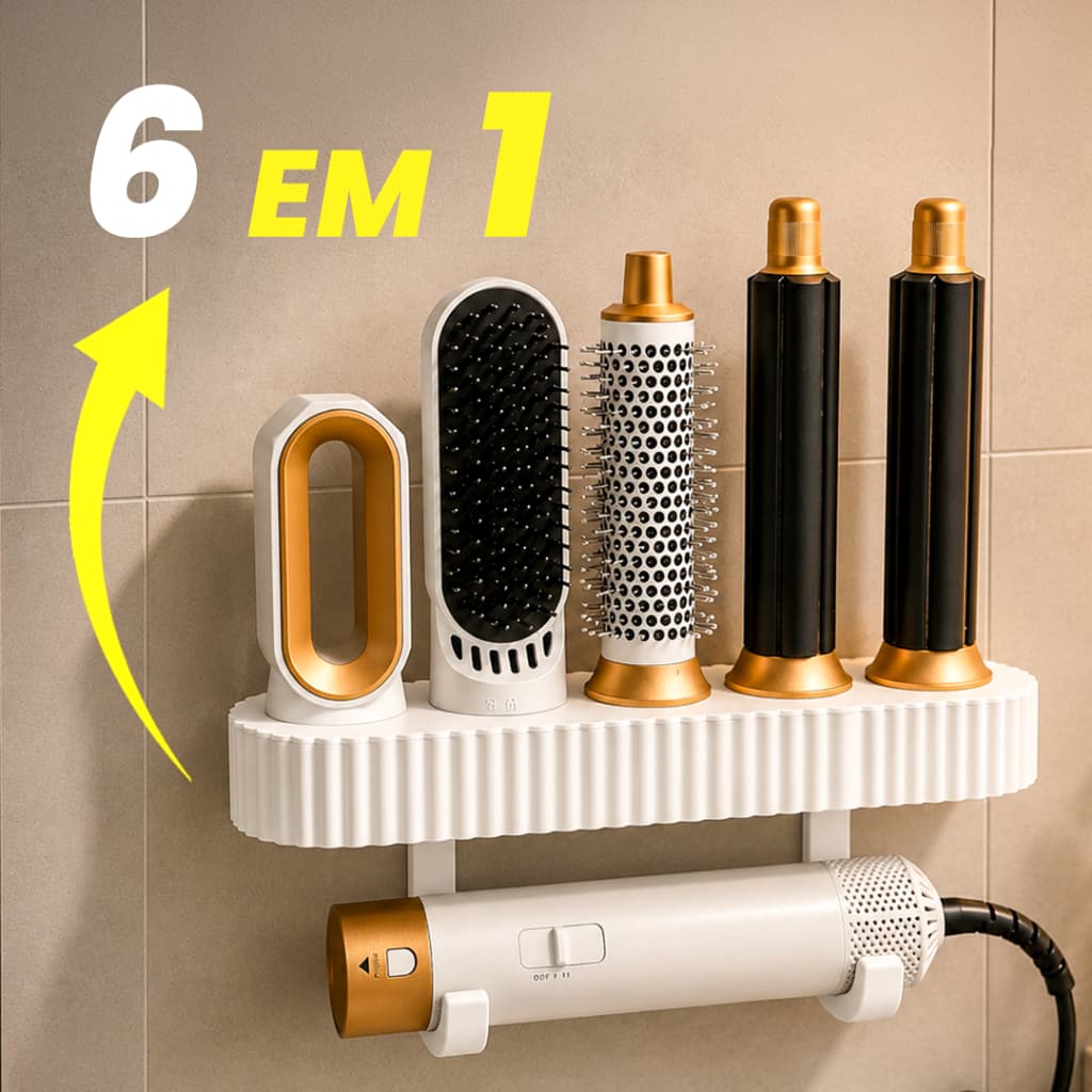 Suporte para Secador de Cabelo Parede 6 em 1 Organizador Banheiro Porta Escova