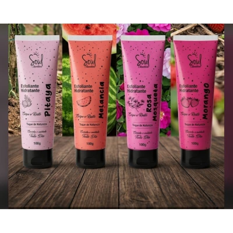 Kit com 4 Esfoliantes Rosto e Corpo Linha SOUL cosméticos.