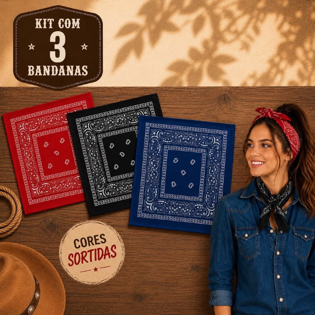Kit 3 Lenços Bandanas Unissex Estampado Diversas Cores Diversos Modos De Uso Colorido Count