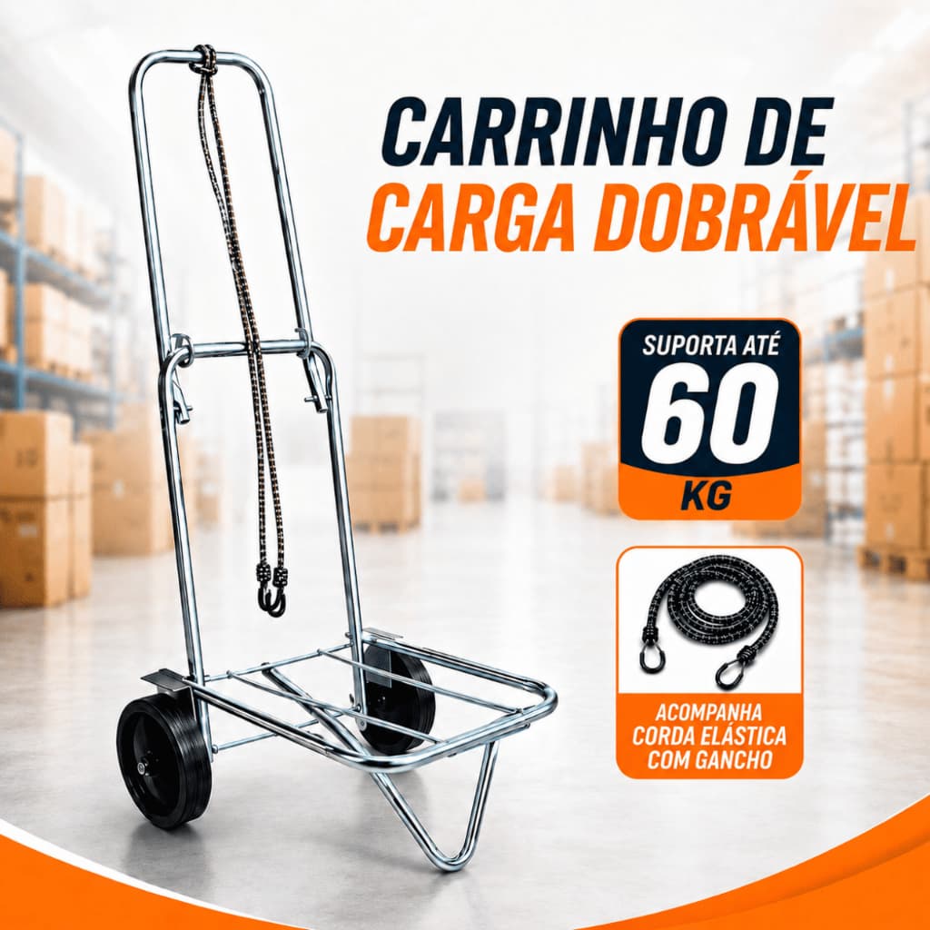 Carrinho de Carga Dobrável Plataforma Caixa Até 60kg Cromado Carrinho Maleiro Praia Cooler