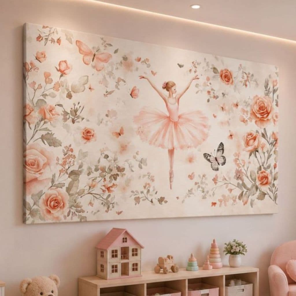 Quadro Decorativo Infantil Bailarina Rosa Flores Borboletas Quarto Menina MDF Alta Qualidade Delicado Moderno Parede