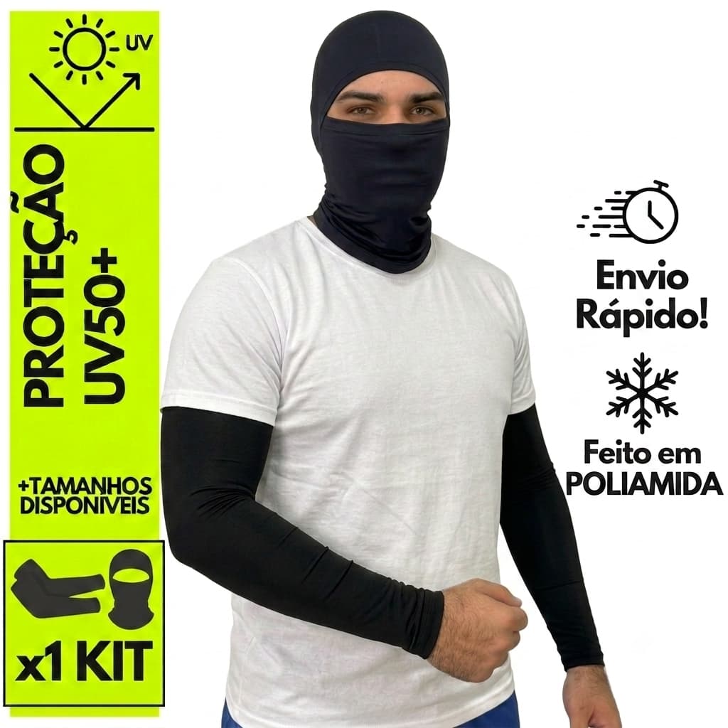 Manguito Proteção Solar + Touca Ninja Balaclava Toca UV50+ Térmica Motoqueiro Motoboy kit