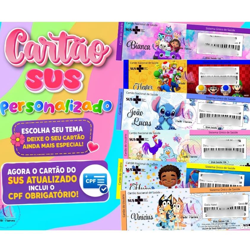 CARTÃO PERSONALIZADO SUS/ CARTÃO IDENTIFICAÇÃO INFANTIL/ CARTÃO CPF PLASRTIFICADO