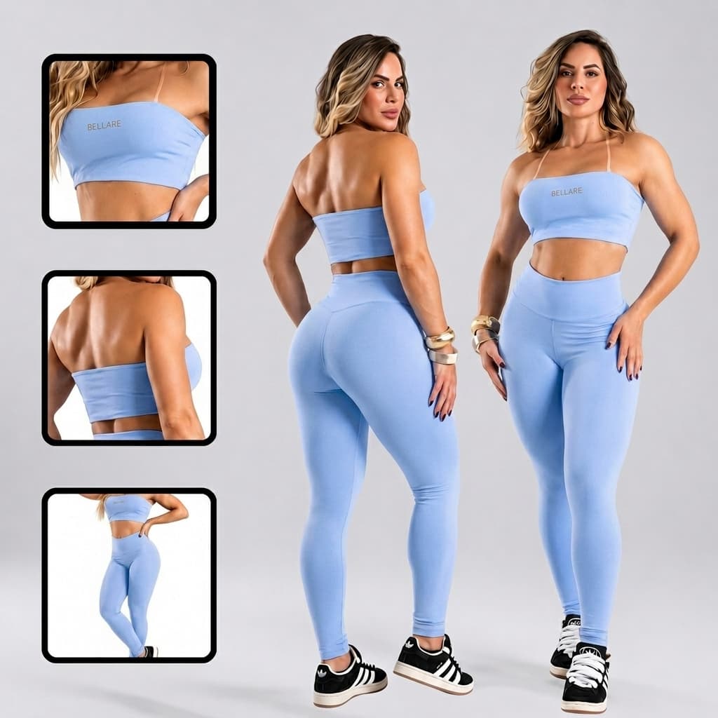 Conjunto Fitness Feminino Top Faixa e Legging Cós Alto Roupa de Academia com Top Tomara que Caia