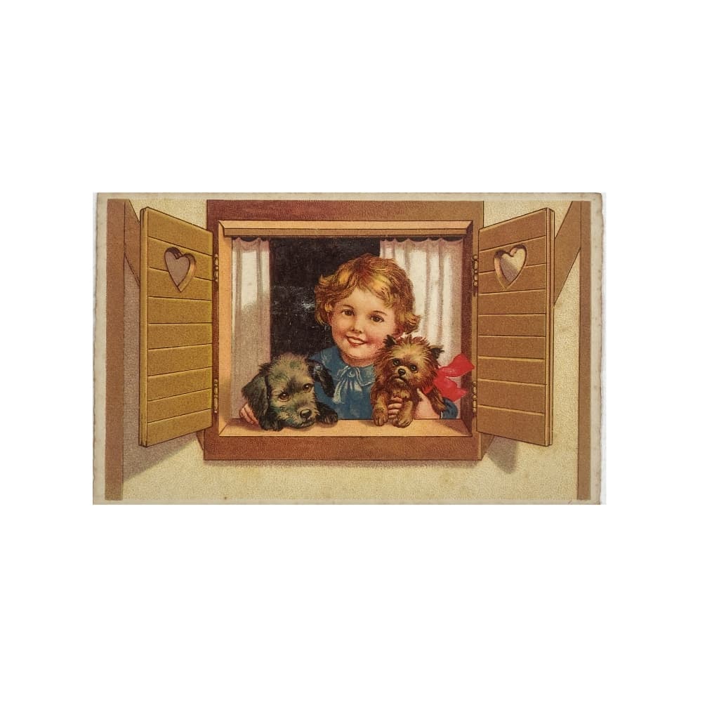 Cartão postal vintage de 1942 usado com estampa de menina e cachorros