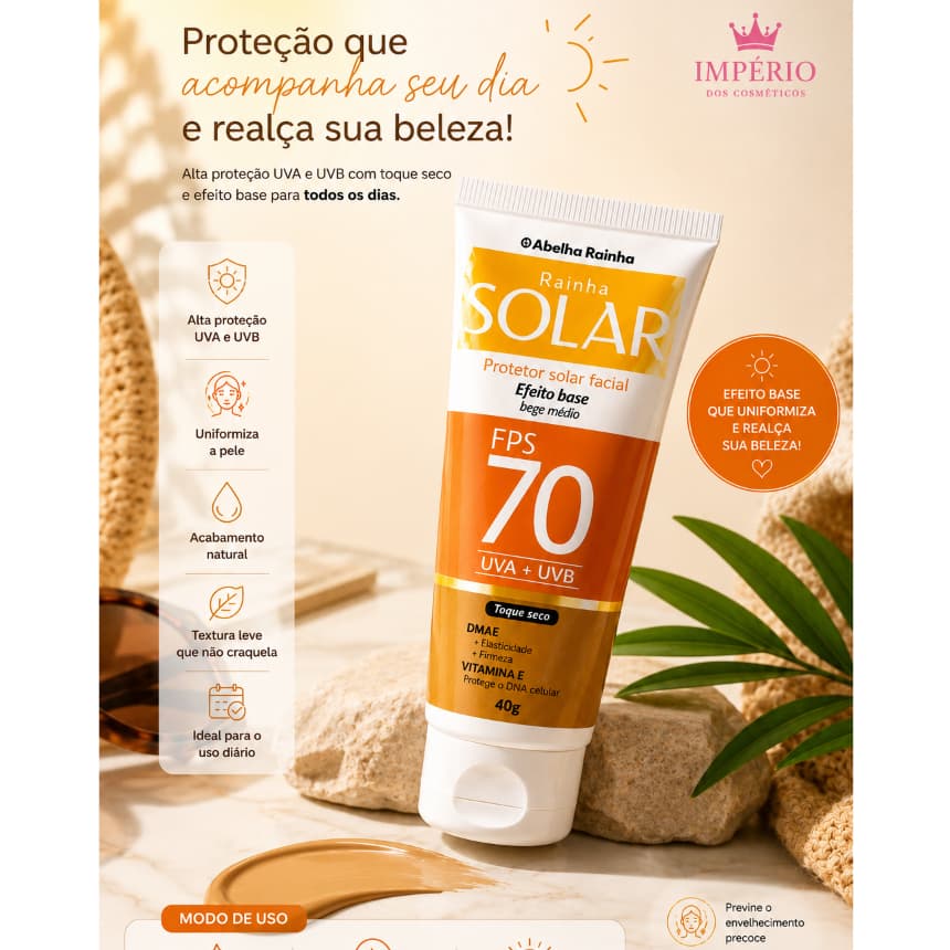 Protetor Solar Facial FPS 70 Cor De Base - Bege Médio - Abelha Rainha