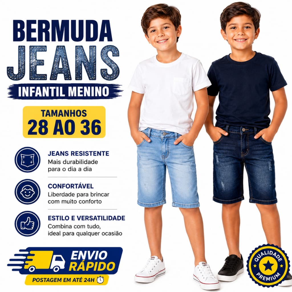Kit 2 Bermuda Jeans Infantil Masculina Menino 28 ao 36 Jeans Confortável Casual Escola