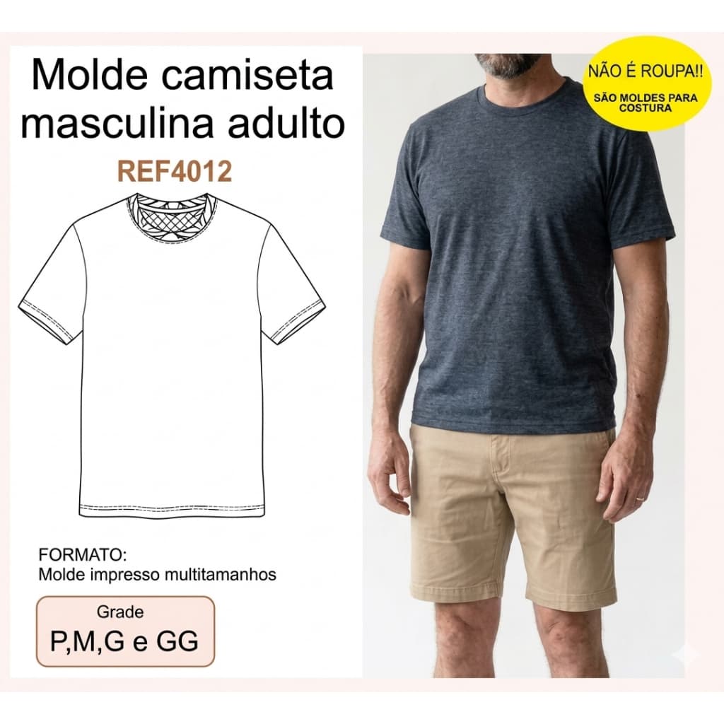 REF4012 Molde Camiseta Masculina Adulto Multitamanhos P, M, G e GG Impresso em Papel
