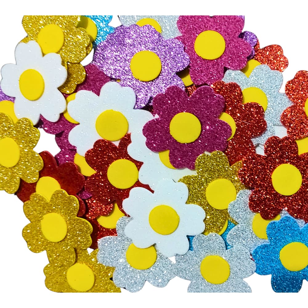 Aplique Flor EVA Glitter 4,5cm várias Cores - Apliques Florzinha - Sem Adesivo - kit com 50 ou 100 Unidades