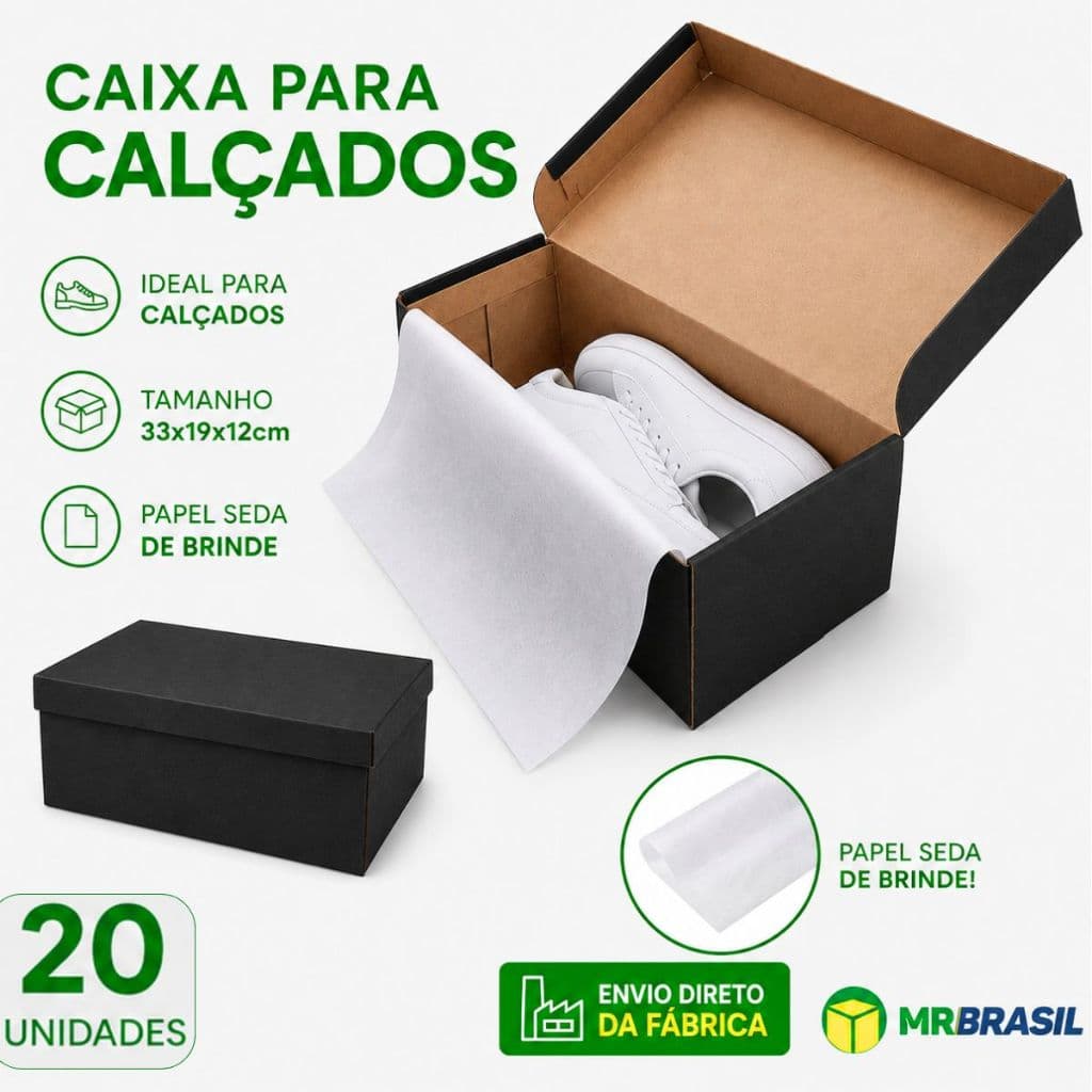 20 Caixas Para Sapatos Preto Fosco 33x19x12 - Kit com papel seda de brinde Envio Imediato