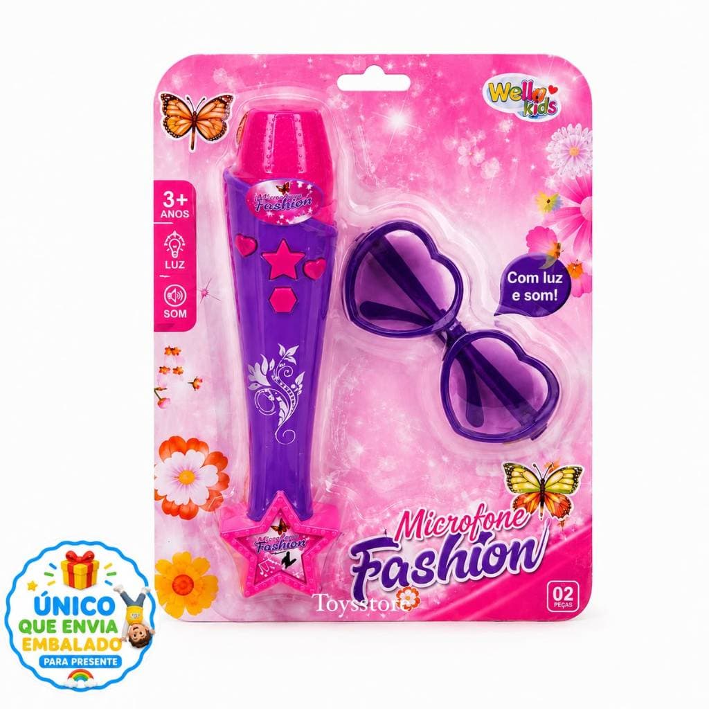 2 Peças Brinquedo Show Infantil Microfone Estela com Luz e Som + Oculos Formato Coração Brinquedo Musical Infantil