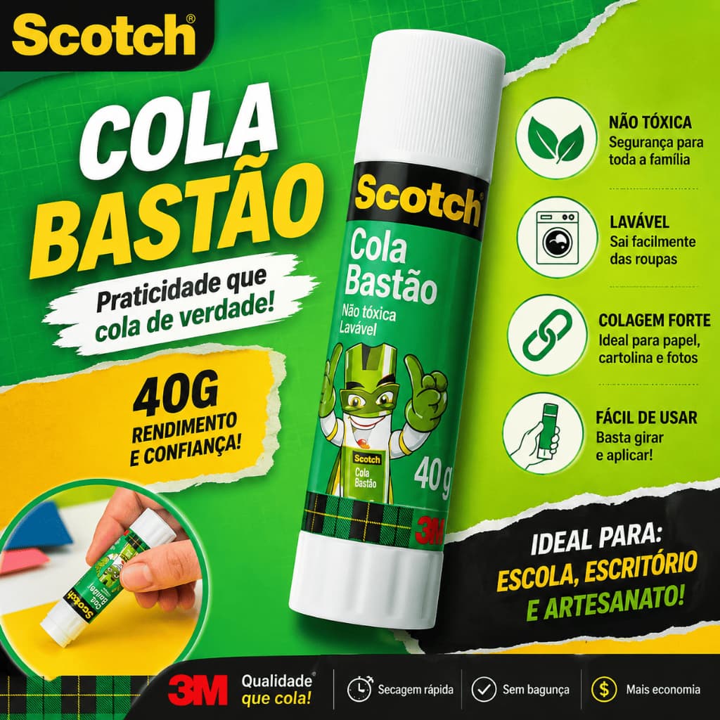 Cola Bastão Scotch 3M 40g Não Tóxica Lavável Escolar Papel Artesanato