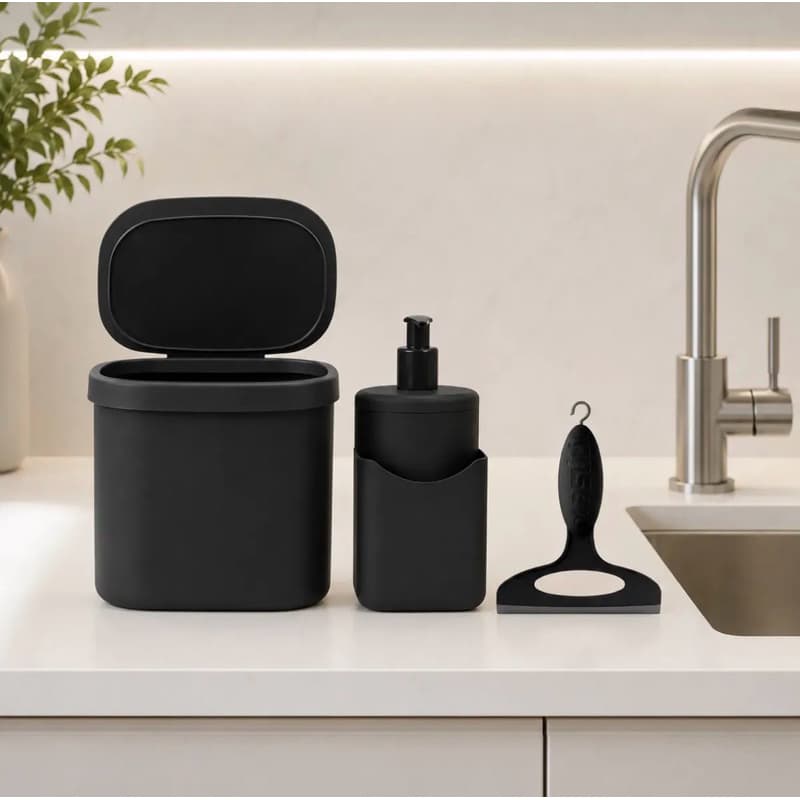 Conjunto Pia Luxo: Lixeira 3.5L, Dispenser Para Detergente 500ml e Suporte de Bucha