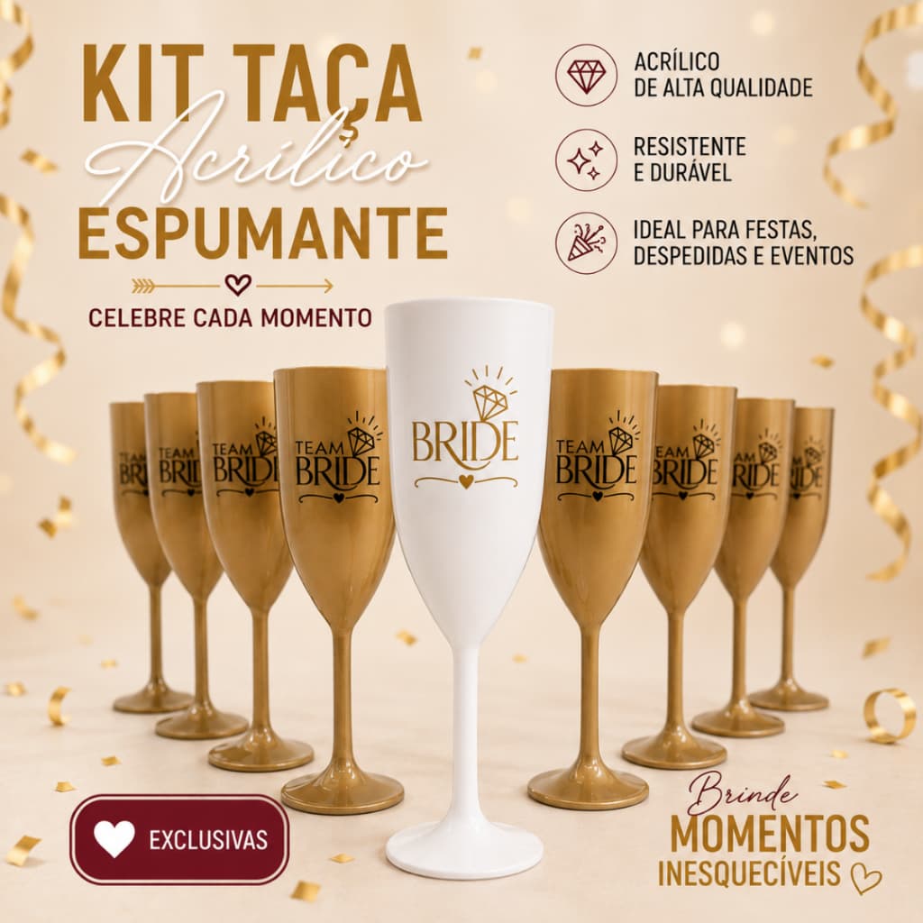 Kit Taças Drink Espumante Champagne Acrílico 180ml Festa Despedida Solteiro Casamento Dourada Branca