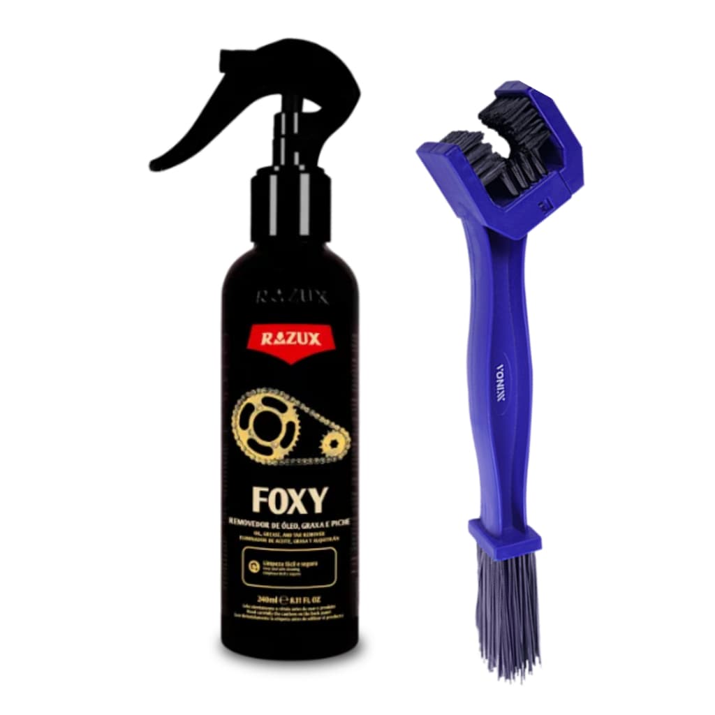 Kit Foxy Razux 240ml + Escova para Corrente Vonixx | Removedor de Graxa, Óleo e Piche para Correntes de Moto e Bicicleta