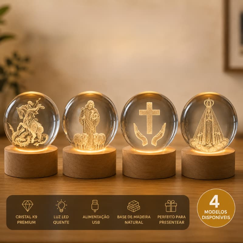 Luminária Cristal 3D LED Globo de Vidro Religiosa USB Base de Madeira Decoração Quarto Sala Presente