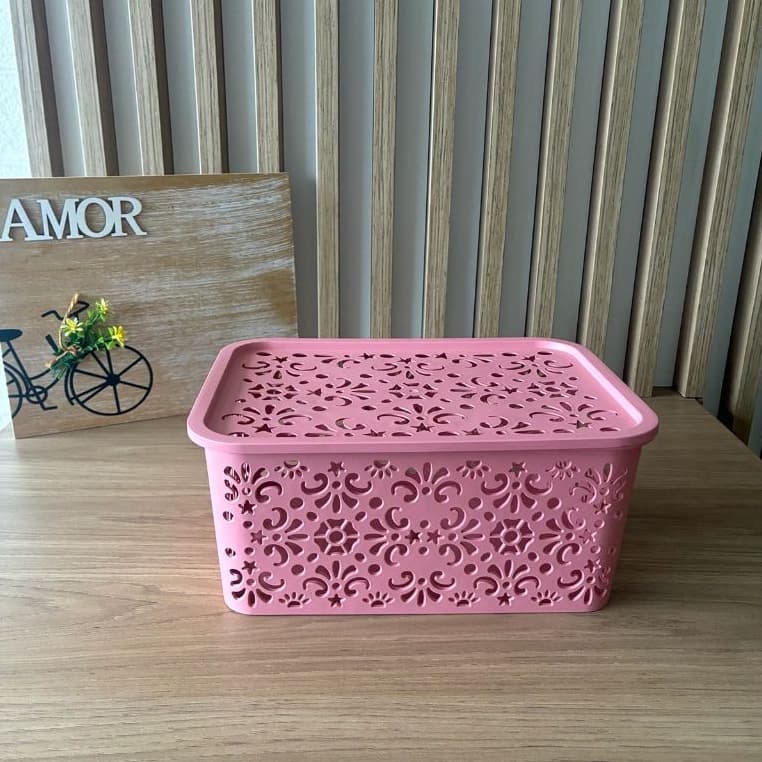 Caixas Organizadoras Oriental Rosa com tampa-  3,5 LITROS – Organizadora Multiuso Rosa 23X16X10 cm