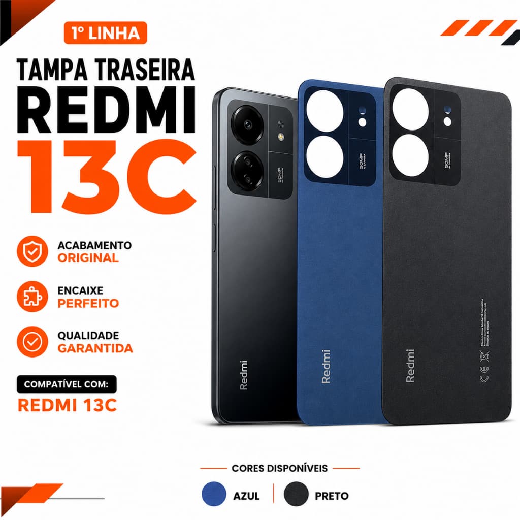 Carcaça Redmi 13C Tampa de Trás Capa Traseira  1° Linha Com Logo CE Alta Qualidade