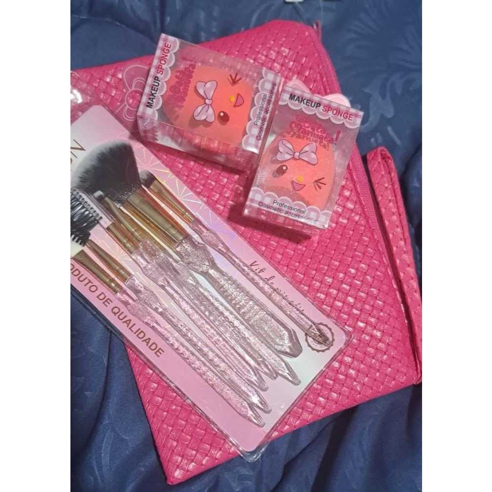 Kit Maquiagem com Necessaire  + 7 Pincéis + 2 Esponjas Gota