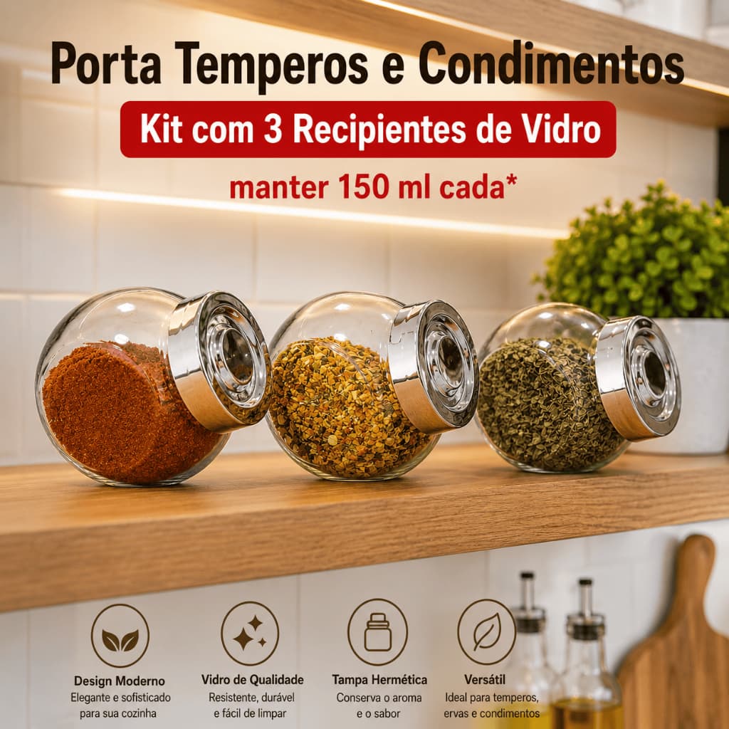 Porta Temperos  Condimentos Chá Pimenta Kit Com 3 recipientes de Vidro 150Ml cada Com Tampa Rosqueada.